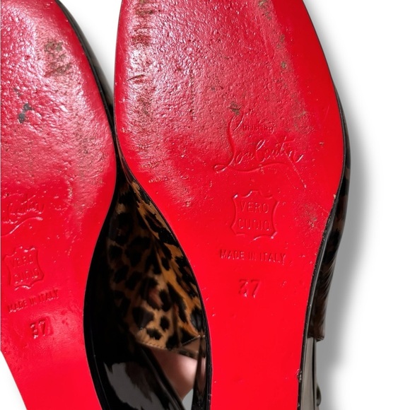 Authenticated Christian Louboutin Patent Cynthia Leopard Sling Back Wedge Heels - Picture 13 of 15